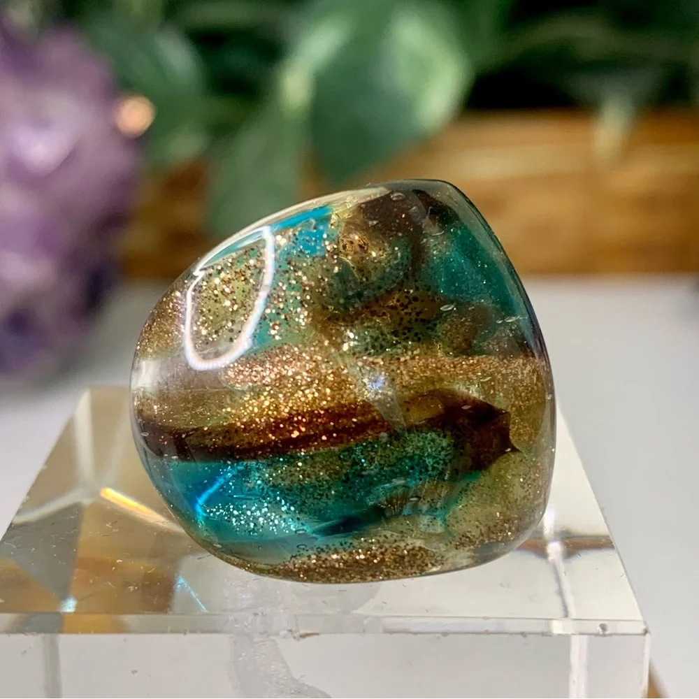 Vintage Murano Style Solid Glass Hand Blown Blue Gold Foil Artisan Ring Size 6